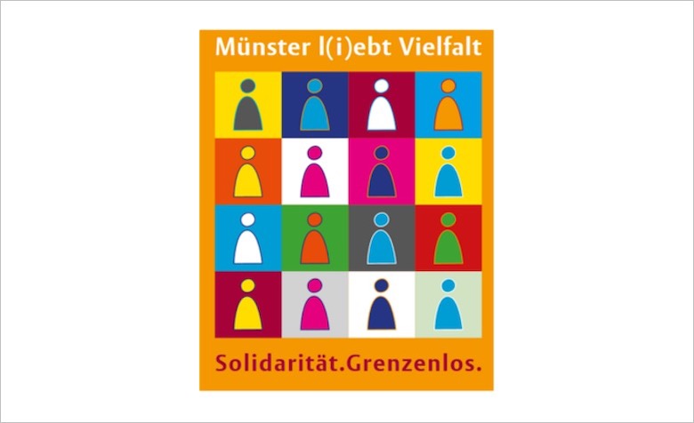 Grafik mit der Aufschrift: Münster l(i)ebt Vielfalt. Soldarität. Grenzenlos.