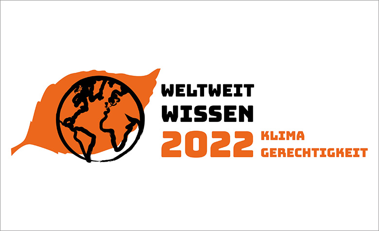 Logo mit dem Schriftzug"weltweit wissen 2022 - Klima Gerechtigkeit - links daneben ein orangenes Blatt mit einer skizzierten Weltkugel darauf