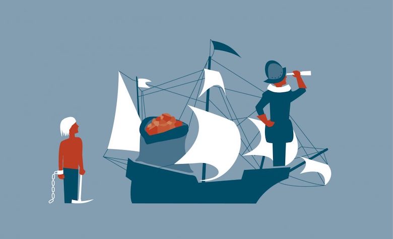 Illustration eines Schiffes mit einem Entdecker und ein Sklave sowie ein Geldsack