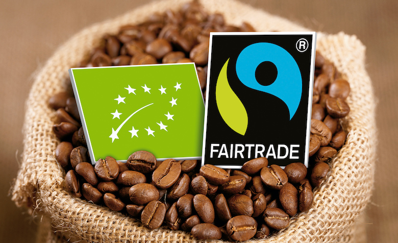 Kaffeesack mit dem Siegel von Transfair und Bio