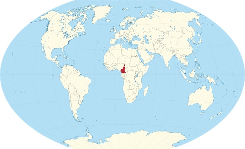 Eine Weltkarte mit Kamerun markiert