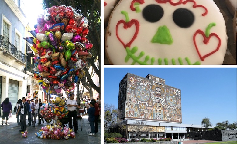 Eindrücke aus Mexiko, Gebäude (bunt bemalt), Essen und Straßenleben (Luftballonverkäufer)